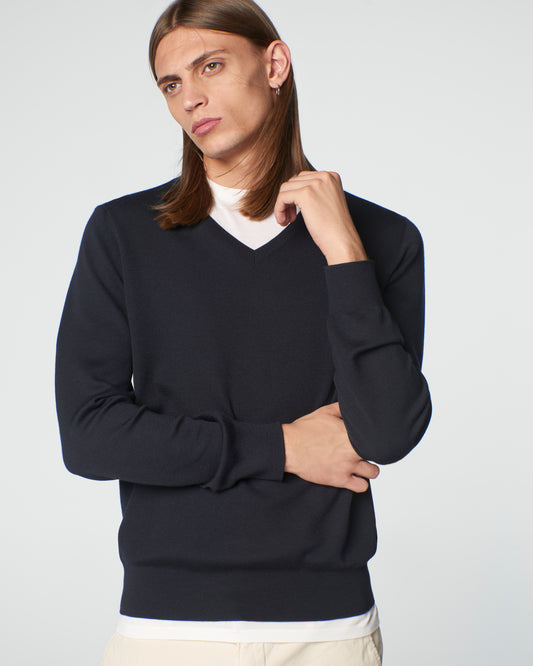 Super-Cashmere V-Neck Dark Navy Manrico Cashmere