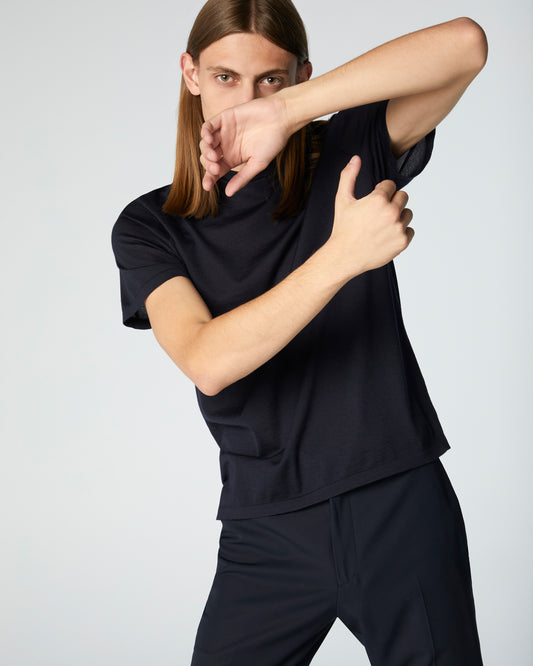 Super-Cashmere Ultralight Short Sleeve Crew Neck Dark Navy Manrico Cashmere