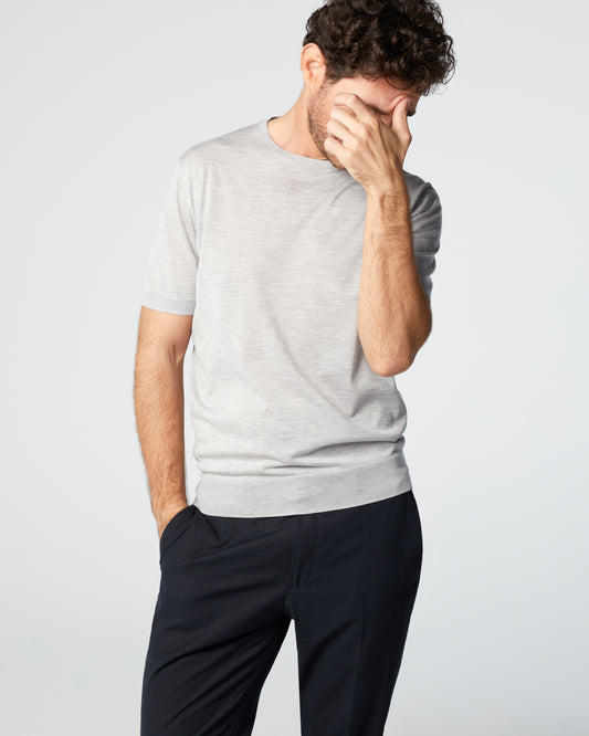 Super-Cashmere Ultralight Short Sleeve Crew Neck Heather Silver Manrico Cashmere