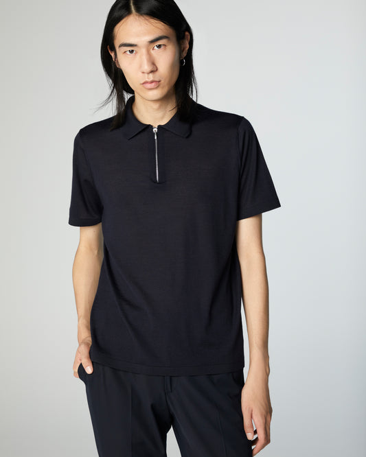 Super-Cashmere Ultralight Short Sleeve Zip Polo Dark Navy Manrico Cashmere